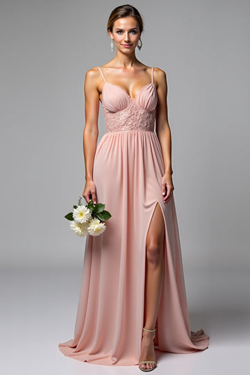 Dusty Rose Spaghetti Straps Chiffong Spets Brudtärna Klänning med slits
